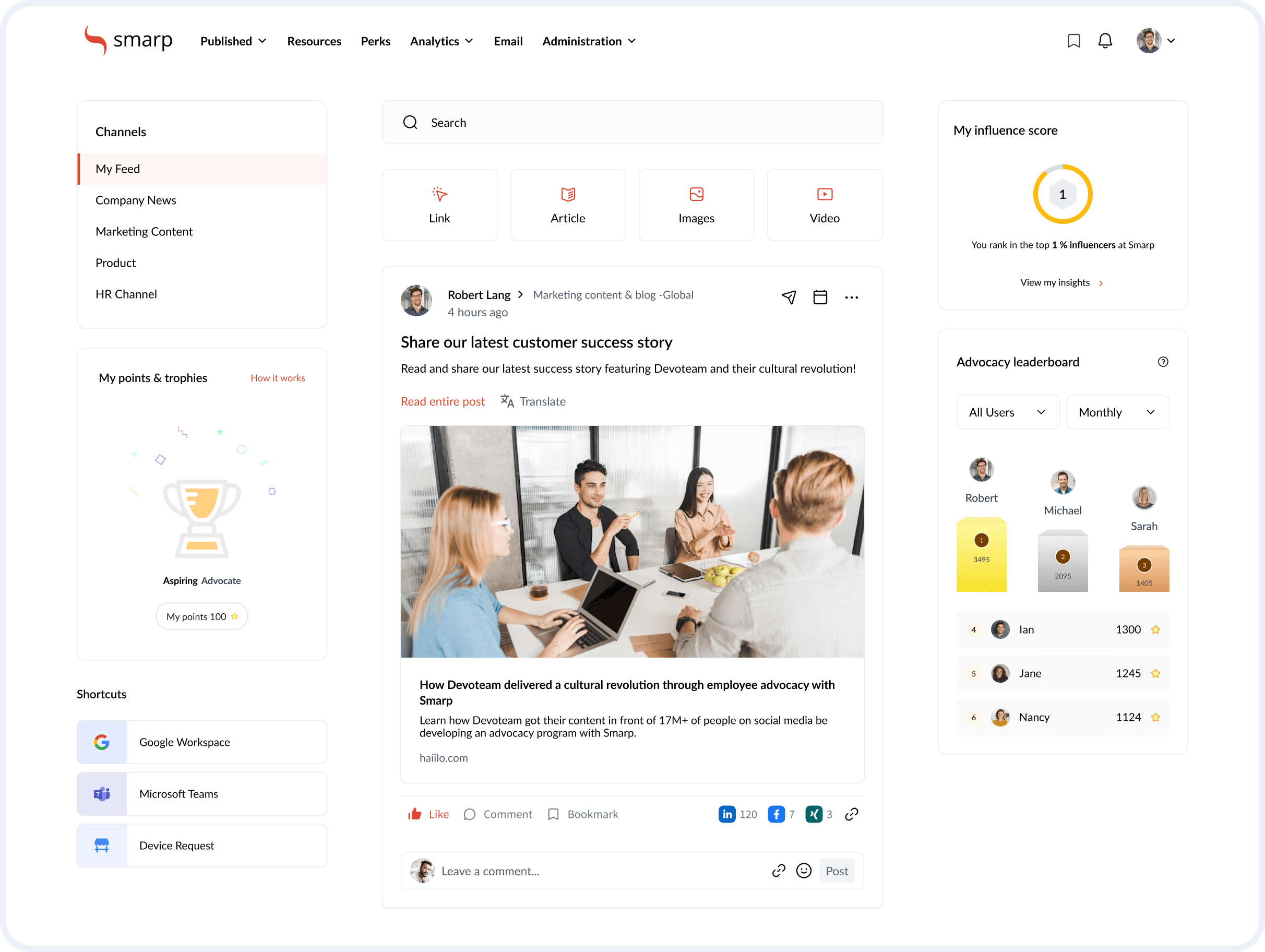 Smarp interface preview showing design and key features